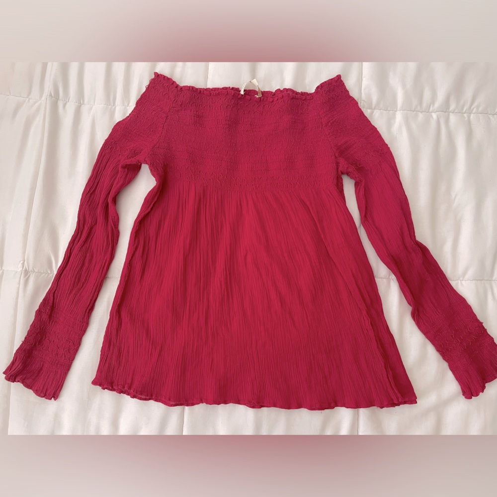 Maje off the shoulder long sleeve red pink top smocked stretchy lofaur